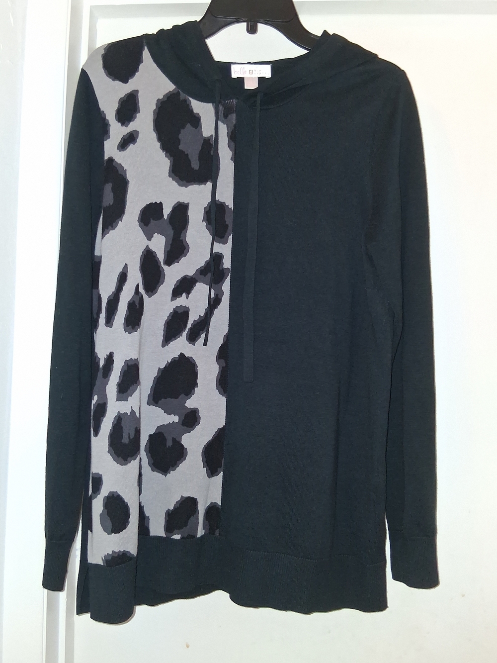 Women's Black Hooded Sweater with Gray Leopard Panel